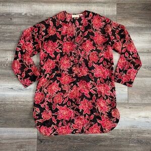 Vintage Victoria's Secret Gold Label M Red Black Floral Vneck Popover Night